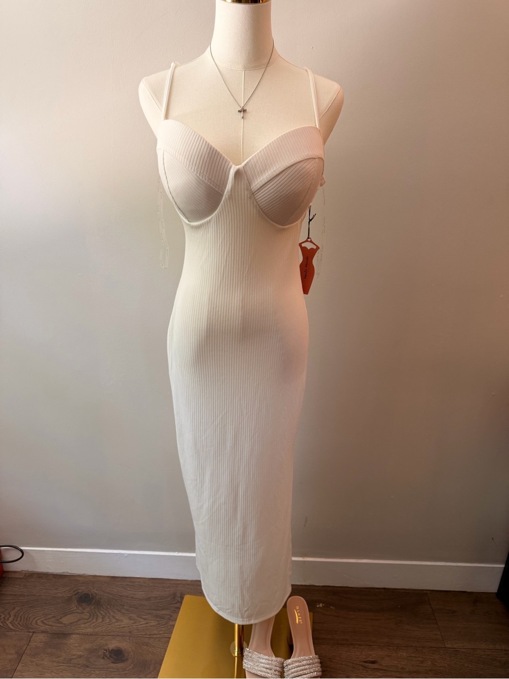 Cream Ribbed Bodycon Midi Dress with Underwire Bust